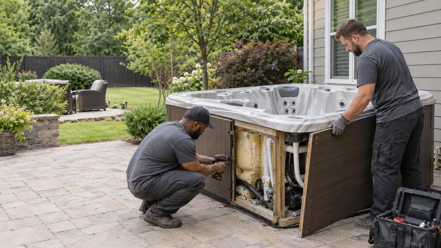 Workers preparing a residential hot tub for removal