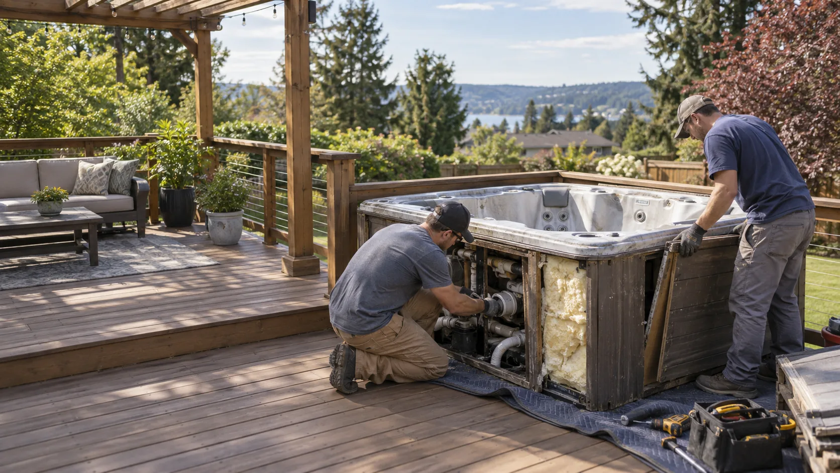 outdoor spa removal in progress at a residential property